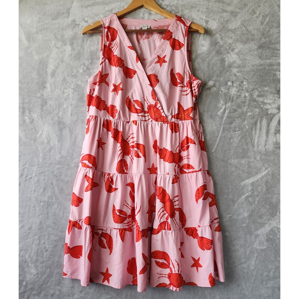 J.Crew Dress Womens Size 14 Pink Lobster Mini Starfish Print Tiered Cotton Mini